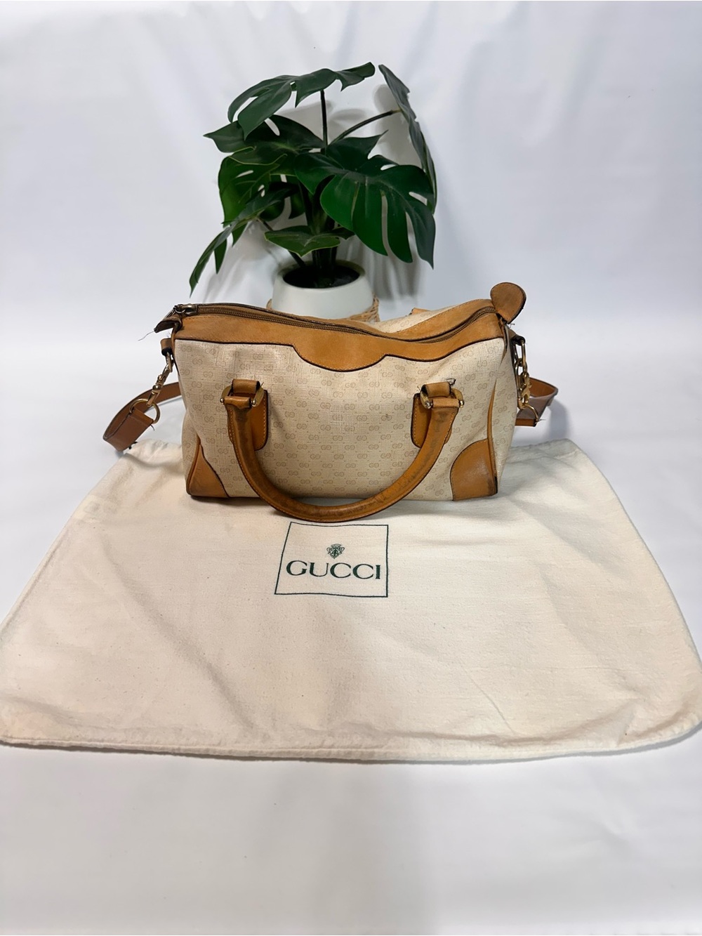 Gucci Cream Canvas Shoulder Bag with Tan Leather Trim